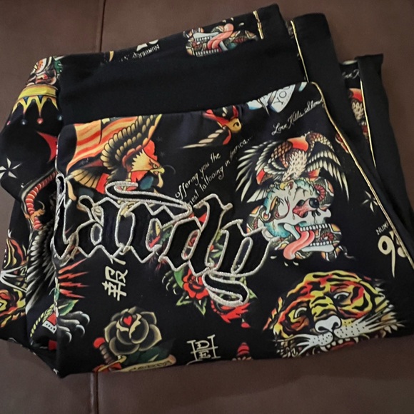 Ed Hardy Women's Shrunken Flashboard Track Pants multicolor tattoo art - Picture 9 of 14